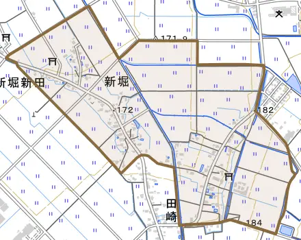 新堀とその周辺の地図。町の範囲を重ねている