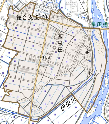 西泉田とその周辺の地図。町の範囲を重ねている