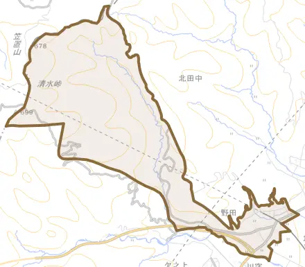 野田とその周辺の地図。町の範囲を重ねている