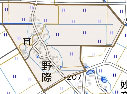 野際とその周辺の地図。町の範囲を重ねている