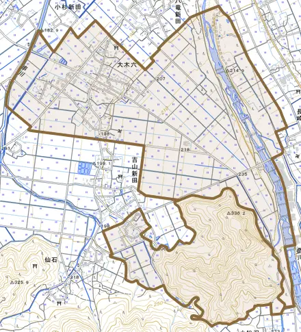 大木六とその周辺の地図。町の範囲を重ねている