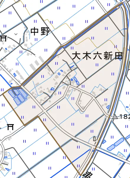 大木六新田とその周辺の地図。町の範囲を重ねている