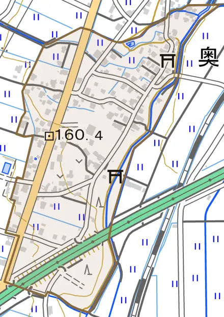 奥とその周辺の地図。町の範囲を重ねている