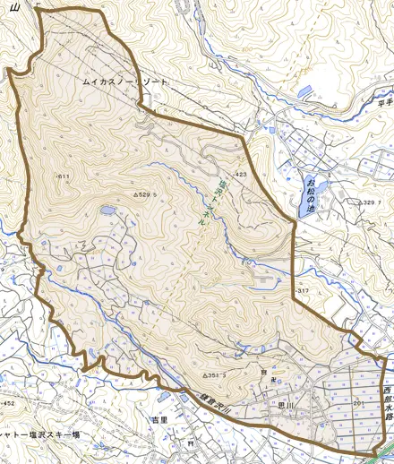 思川とその周辺の地図。町の範囲を重ねている