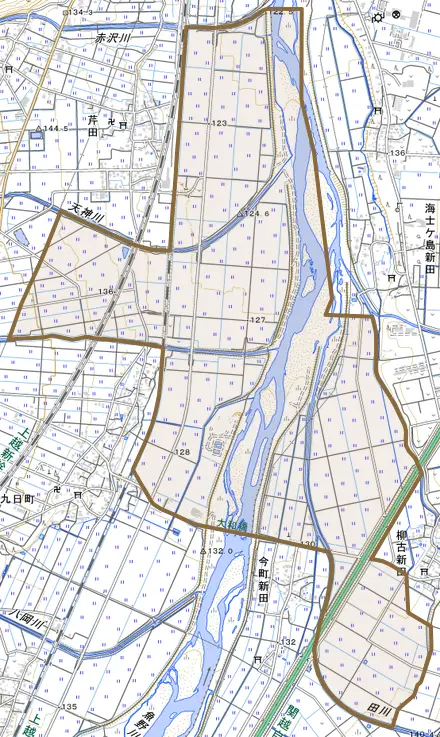 大崎とその周辺の地図。町の範囲を重ねている