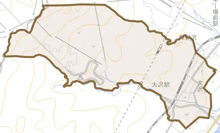 大沢とその周辺の地図。町の範囲を重ねている