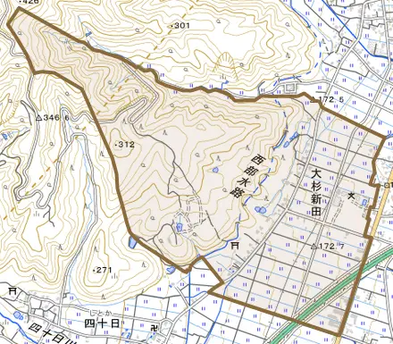 大杉新田とその周辺の地図。町の範囲を重ねている