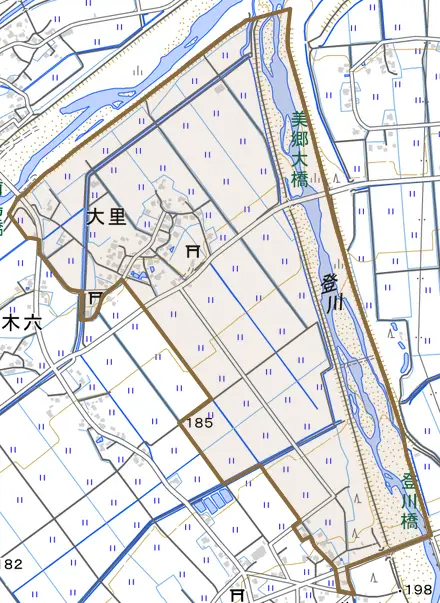 大里とその周辺の地図。町の範囲を重ねている