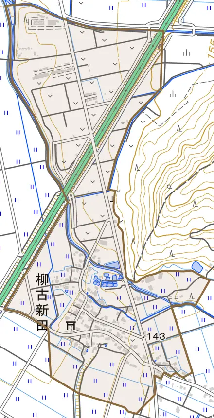 柳古新田とその周辺の地図。町の範囲を重ねている