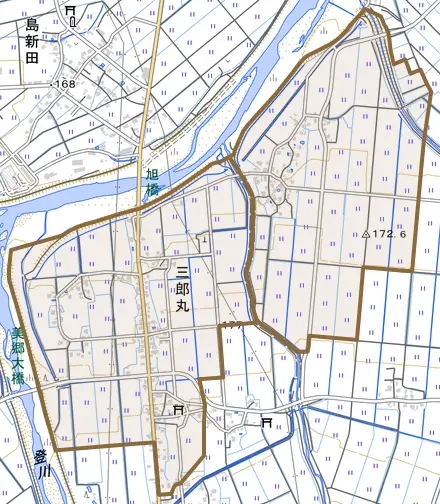 三郎丸とその周辺の地図。町の範囲を重ねている
