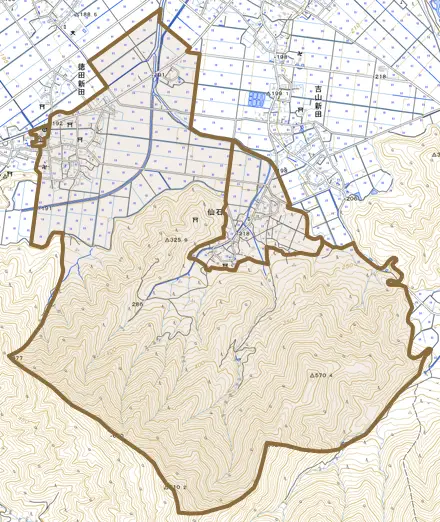 仙石とその周辺の地図。町の範囲を重ねている