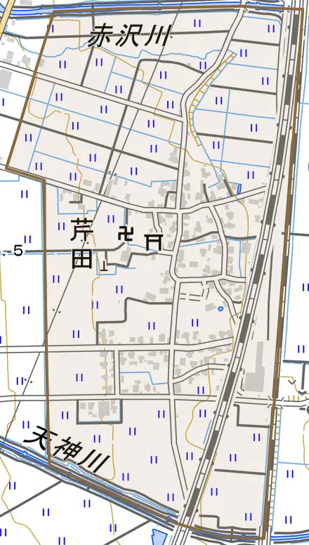 芹田とその周辺の地図。町の範囲を重ねている