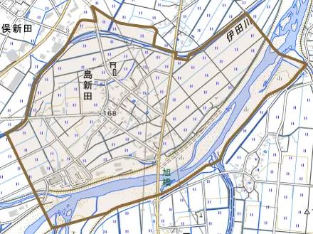 島新田とその周辺の地図。町の範囲を重ねている