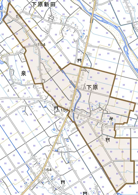 下原とその周辺の地図。町の範囲を重ねている