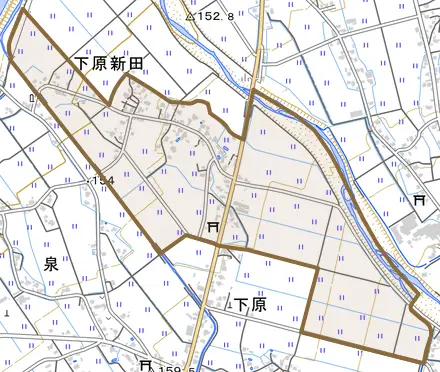 下原新田とその周辺の地図。町の範囲を重ねている