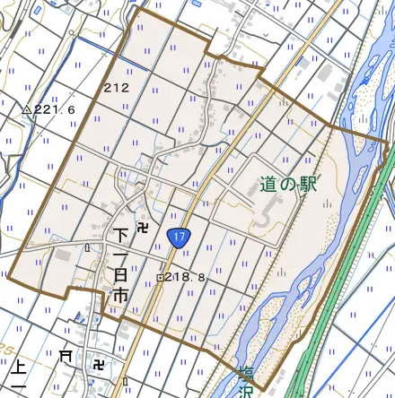 下一日市とその周辺の地図。町の範囲を重ねている