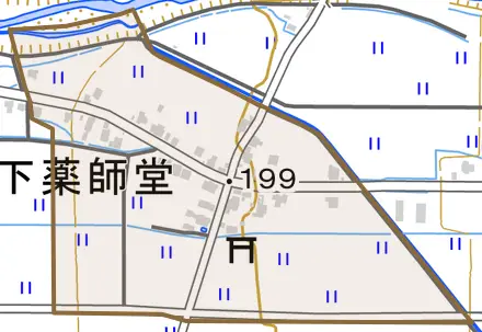 下薬師堂とその周辺の地図。町の範囲を重ねている