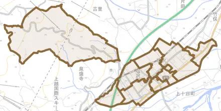 塩沢とその周辺の地図。町の範囲を重ねている