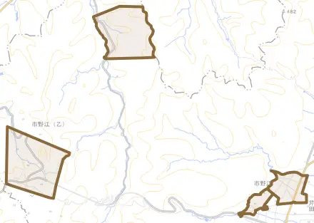 市野江とその周辺の地図。町の範囲を重ねている