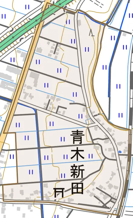 青木新田とその周辺の地図。町の範囲を重ねている