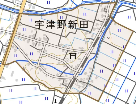 宇津野新田とその周辺の地図。町の範囲を重ねている