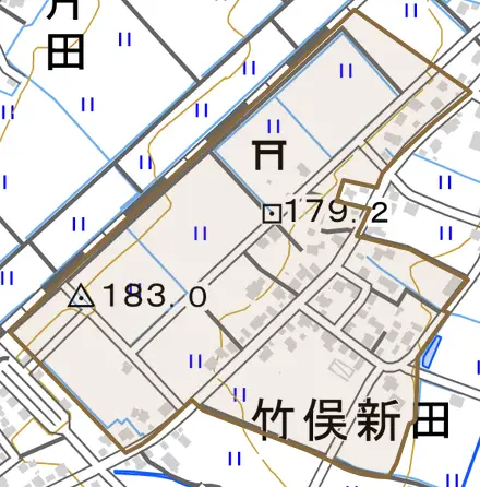 竹俣新田とその周辺の地図。町の範囲を重ねている