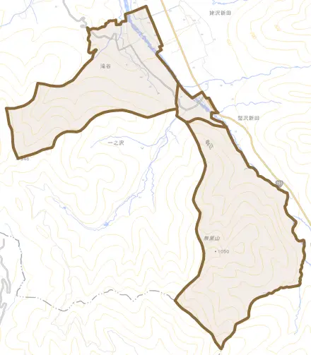滝谷とその周辺の地図。町の範囲を重ねている