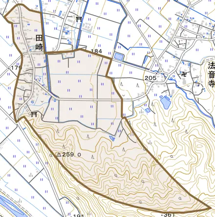 田崎とその周辺の地図。町の範囲を重ねている