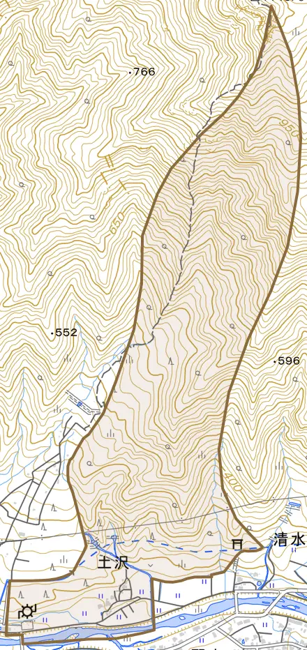 土沢とその周辺の地図。町の範囲を重ねている