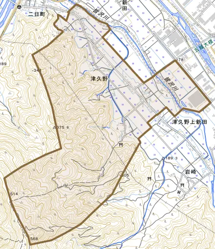 津久野とその周辺の地図。町の範囲を重ねている