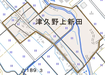 津久野上新田とその周辺の地図。町の範囲を重ねている