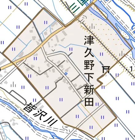 津久野下新田とその周辺の地図。町の範囲を重ねている
