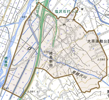 姥島新田とその周辺の地図。町の範囲を重ねている