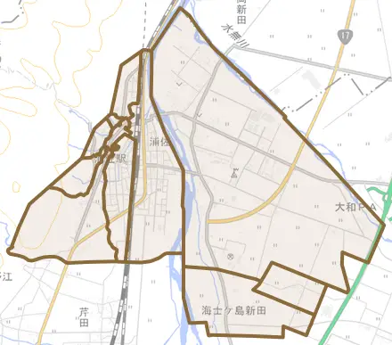 浦佐とその周辺の地図。町の範囲を重ねている
