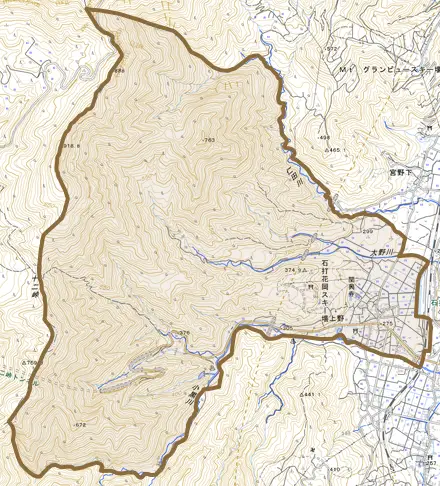 上野とその周辺の地図。町の範囲を重ねている