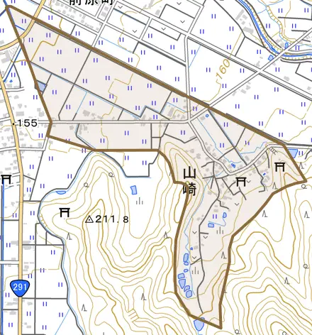山崎とその周辺の地図。町の範囲を重ねている