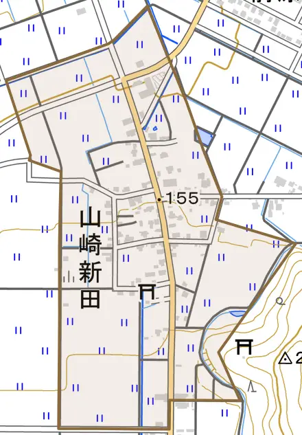 山崎新田とその周辺の地図。町の範囲を重ねている