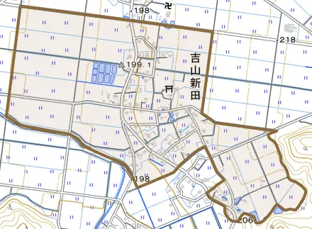 吉山新田とその周辺の地図。町の範囲を重ねている