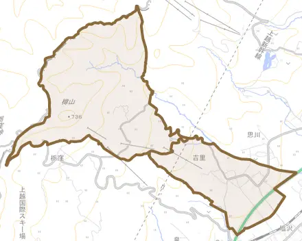 吉里とその周辺の地図。町の範囲を重ねている