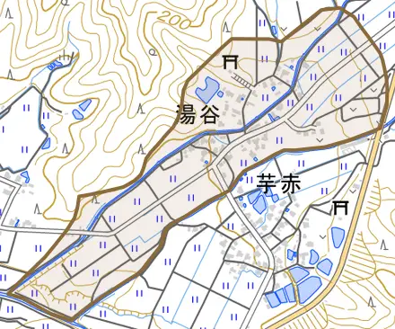 湯谷とその周辺の地図。町の範囲を重ねている