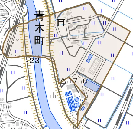 青木町とその周辺の地図。町の範囲を重ねている