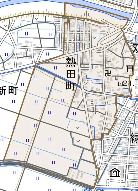 熱田町とその周辺の地図。町の範囲を重ねている