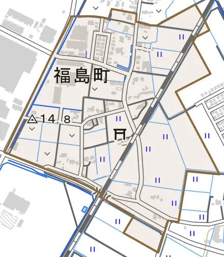福島町とその周辺の地図。町の範囲を重ねている