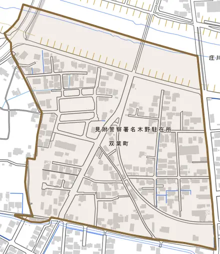 双葉町とその周辺の地図。町の範囲を重ねている