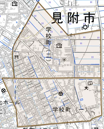 学校町とその周辺の地図。町の範囲を重ねている