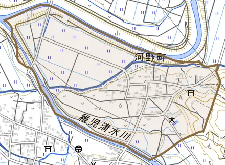 河野町とその周辺の地図。町の範囲を重ねている