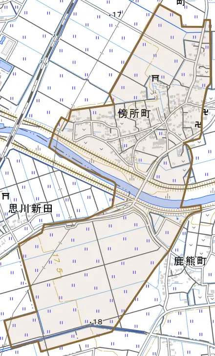 傍所町とその周辺の地図。町の範囲を重ねている