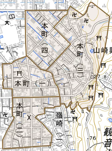 本町とその周辺の地図。町の範囲を重ねている