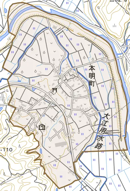 本明町とその周辺の地図。町の範囲を重ねている