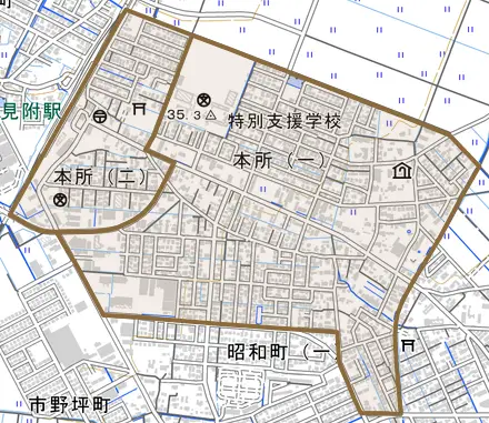 本所とその周辺の地図。町の範囲を重ねている